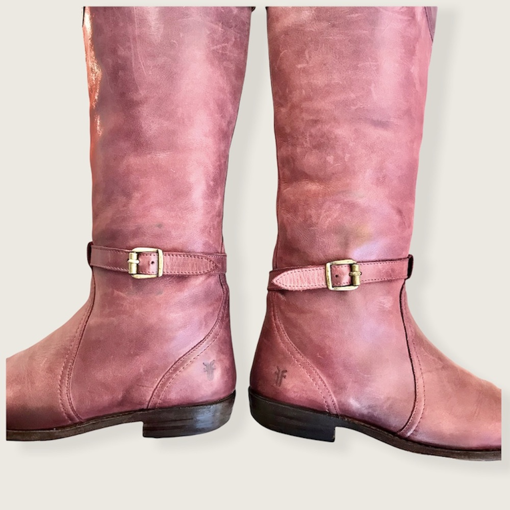 Frye Dorado Polished Genuine Leather Bordeaux/Light Red Knee High Riding Boots - Picture 13 of 16